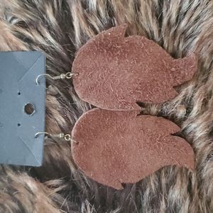 💛THANDMADE EARRINGS HANDCRAFTED BROWN LEATHER ANGEL WING DANGLE